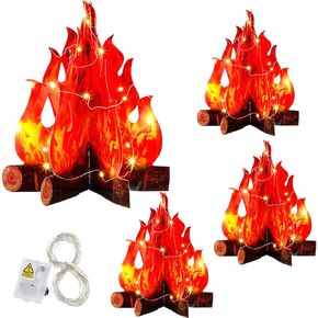 Tioncy 4 Set Fake Fire Campfire Centerpiece 3D Artificial Fake Flames with LED String Lights Fire Cardboard for Camping Party Christmas Decorations(15.8 Inch)