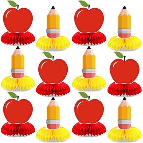 12 Pcs Back to School Decorations Pencil Apple Honeycomb Centerpieces Classroom Table Decorations First Day of School Table Toppers Ornaments for Kids Welcome Party Supplies Favors Decor
