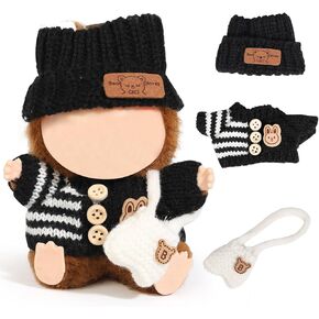 Clothes for Labubu(NO Doll), 3 Pcs Set Hat Clothes Backpack for Standing/Sitting LABUBU or Any 17cm/6.7inch Doll (White Hat/Rice Jacket/White Bag)