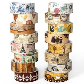 Washi Tape Set 16 Rolls, Decorative Tape, Vintage Washi Tape, Craft Tape, Scrapbook Tape, Washi Tape for Journaling, Washy Tape, Travel Washi Tapes