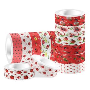 12 Rolls Ladybug Washi Tape Set - 12 Red & Black Insect Decorative Masking Tapes for Journaling, Scrapbooking, DIY Crafts, Gift Wrapping (15mm x 10ft per Roll)