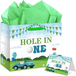 Hole in One Gift Bag Hole in One Birthday Decorations Large Golf First Party Favors Bag with Tissue Papers & Card for Boys & Girls 1st Bday, Baby Showers, Golf Themed One year old Party Decor