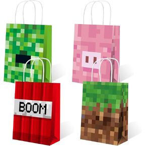 16Pcs Pixel Party Favors Bags,Birthday Decorations and Party Supplies Gift bags,Mining Theme Treat Candy Goodie Bag,Small Paper Bags with Handles