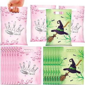 50 Pcs Pink and Green Witch Party Favor Bags, Wizard Themed Plastic Goodie Treat Bags with Handles, Witch Gift Bag for Princess Girls Women Castle Birthday Halloween Party Supplies Decorations