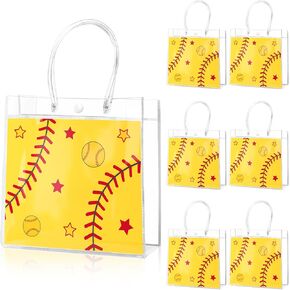 Lemicin 20 Pcs Softball Yellow PVC Gift Bag with Handles, 8 x 8 x 3 Inch Bulk Sport Goodie Treat Candy Bags Softball Present Wrap Tote Bags for Boys Birthday Party Favor Baby Shower Supplies