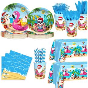 194pcs Summer Christmas Party Decorations for Summer Beach Hawaiian Santa Plates, Cup, Napkin, Tablecloth, Tableware, Christmas July Party Supplies Plates Serve 24 Guests
