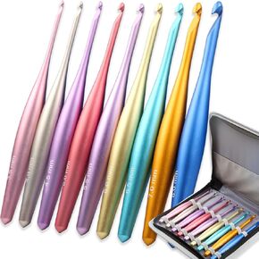 Svartur Ergonomic Crochet Hooks Set – 12 Sizes (3.5mm–8mm), Aluminum Crochet Hook with Large Handles & Case, Crochet Knitting Needles for Arthritic Hands, DIY Yarn Projects, Pastel Color