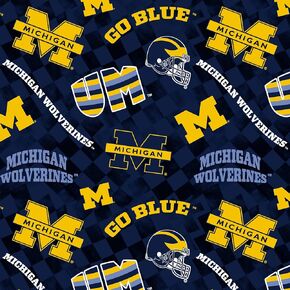 Official Licensed University of Michigan Cotton Quilting Fabric-Michigan Wolverines Check Allover Cotton Fabric Sold by The Yard