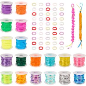 18 Colors Plastic Lanyard String Set 20 Yards Each Spool Gimp Cord with 50 Acrylic Linking Rings for Kids DIY Weaving Bracelets, Anklets, Boondoggle Keychains Plastic Lacing Cord for Arts and Crafts