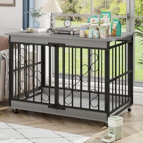 48 Inch Dog Crate Furniture for Large Dogs, Heavy Duty Dog Cage with Wheels, Wooden Dog Crates Sturdy Pet Kennel Indoor (Gray)
