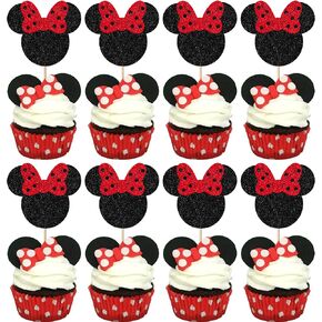24 Pack Mouse Inspired First Birthday Cupcake Toppers Glitter Bow Mini Mouse Cupcake Picks Baby Shower Kids Boys Girls 1st Birthday Party Cake Decorations Supplies Black Red