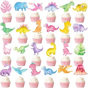 48pcs Dinosaur Theme Party Cupcake Toppers Pink Dinosaur Birthday Party Cake Cupcake Pick Decorations for Girls Dino Theme Birthday Party Baby Shower Supplies