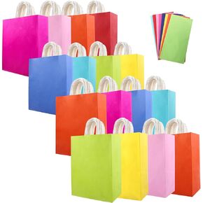 16 Pack Paper Bags with 8 Different Senior Color, 8.26"×4.3"×10.6" Medium Gift Bag and colorful tissues, Multiple Uses for Kids Birthday, Crafts, Wedding, Party Supplies.