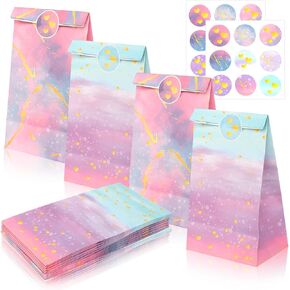 18pcs Tie Dye Gift Bags With Stickers, Cute Gradient Watercolor Paper Gift Bags Small Size 8.7x4.7x3.1 Tie Dye Party Favors Bags Bulk Mini Tiny Pink Goody Bag for Wedding Rainbow Kids Girl Birthday
