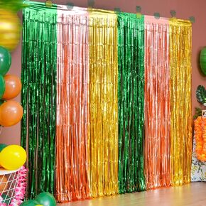 LOLStar Hawaiian Luau Party Decorations, 2 Packs 3.3x6.6 ft Green Brown and Yellow Foil Fringe Curtains Photo Booth Props, Tinsel Streamer Backdrop for Hawaiian Tropical Summer Aloha Party Decorations
