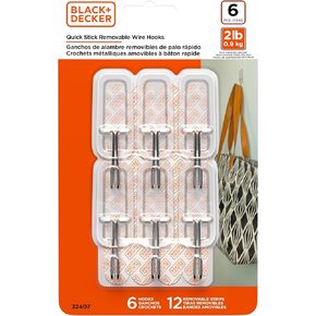 BLACK+DECKER Wire Toggle Wall Hooks, Quick Stick Adhesive, Removeable, 6 Wall Hooks, 12 Adhesive Strips, Hang Decorations Without Damaging Walls, up to 2 lbs., Clear