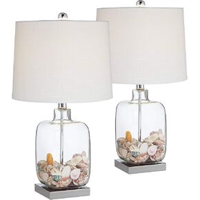 360 Lighting Nautical Coastal Accent Table Lamp Fillable 20.5" High Clear Glass Sea Shells Off White Linen Fabric Drum Shade for Living Room Bedroom Beach House Bedside Nightstand Home
