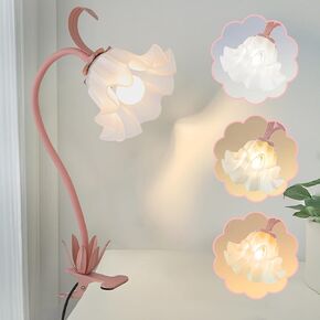 Flower Desk Lamp,LED Reading Light 360°Rotation Clip on Lamps,Vintage Flower Bedside Night Light,3 Colors Modes Book Lights Decor for Bedroom Bed Headboard Office Lighting Home Decoration (Pink)