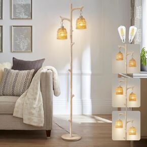 68" Rustic Farmhouse Floor Lamp for Living Room, Country Cottage Tree Trunk Floor Lamp with Wicker Drum Shade Stepless Dimmable, White Washed Resin Tall Standing Lamp for Bedroom Reading Room