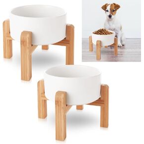 JMIATRY Set of 2 Ceramic Dog Bowls for Medium Small Dogs with Stand 850ml/28oz, Raised Ceramic Dog Bowls White Raised Pet Bowls 6 Inch Pet Bowl, with Anti Slip Rubber Pad