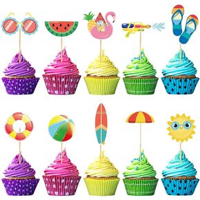 100 Pcs Summer Beach Cupcake Toppers Pool Party Decorations Beach Balls Sun Watermelon Sunglasses Slippers Hawaiian Cupcake Picks Tropical Luau Birthday Party Cake Decoration Supplies