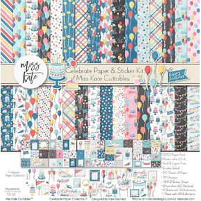 Paper & Sticker Kit - Celebrate - for Birthday - 20 Double-Sided 12x12 Papers with 39 Designs & 1 8X12 Sticker Sheet - Scrapbooking Card Making Crafting - by Miss Kate Cuttables