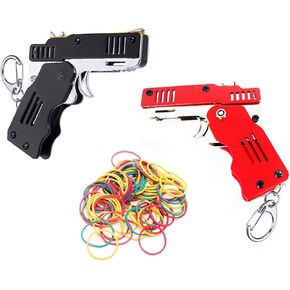 2 Pieces Rubber Band Gun Toy Easy Load Foldable Handmade Toy Gun Mini Metal Rubber Gun with Keychain and 200 Elastic Rubber Bands