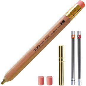 WN03 Wooden Mechanical Pencil Set, 2.0mm Extra Bold, Thick Barrel, Incense Cedar Natural Pencil with Lead Refills (HB, B), Eraser Refills, and Brass Sharpener for Writing, Sketching, Drawing