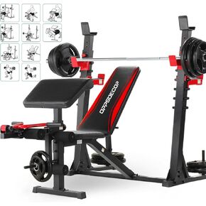 OPPSDECOR Professional Weight Bench Set with Barbell/Squat Rack, 900LBS Heavy Duty Bench Press Set with Leg Curl/Extension and Preacher Curl, Adjustable Full-Body Workout Bench for Home Gym Fitness
