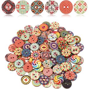 100 Pcs Mixed Vintage Wooden Buttons, 15mm Craft Buttons Assorted Flower Button with 2 Holes, Round Sewing Decorative Button for DIY Clothes Sewing Craft Decorative Handmade Projects