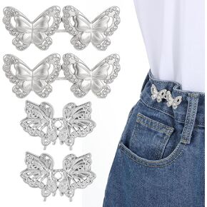 4Pcs Butterfly Button Pins, Detachable No Sew Pant Waist Tightener Buckle, Adjustable Instant Jean Buttons for Loose Jeans Dress Skirt, Pants Clips for Women Girls Tighten Waist(Silver)