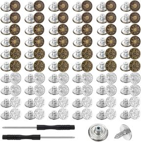 60 Sets Jeans Buttons Replacement, 17 mm No-Sew Removable Metal Buttons for Pants, Replacement Repair Combo Thread Rivets and 2 Screwdrivers, Women and Men's Jeans Clothing Supplies