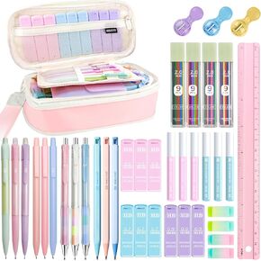 42PCS Mechanical Pencil Set 0.5mm(shaker), 0.7mm, 0.9mm, 2.0mm with Large Aesthetic Pencil Case,564PCS Lead Refills,Ruler Sharpeners & Erasers Suitable for Writing, Drafting Drawing Sketching (Pink)