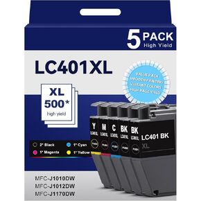 LC401XL LC401 Ink Cartridges MFC-J1010DW MFC-J1170DW Compatible for Brother 401XL LC 401 XL Ink Cartridges 5-Pack for MFC J1010DW J1170DW J1012DW DCP-J1800DW Printer (2Black 1Cyan 1Magenta 1Yellow)
