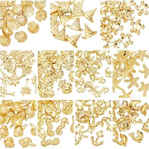 OLYCRAFT 176pcs 11 Style Ocean Resin Filler Gold Sea Theme Resin Charms Shell Star Alloy Resin Cabochons Conch Nail Art Decorations for Resin Jewelry Making Manicure Decorations