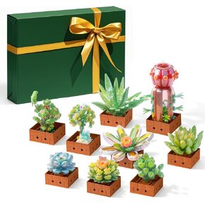 Botanical Succulents Building Set for Adults - 9 Pack Artificial Plants Botanical Collection with Flower Designs for Home Office Décor - Mother's Day Birthday Gift Idea for Women, Her (913 PCS)