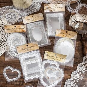 Lace Frame Stickers - Maxleaf 60PCS Vintage White Lace Museum Heart Rect Frame Square Stickers for Decoration Planners Scrapbook Laptops Journals Cups Vase Flower Pot Crafts Photo Frame