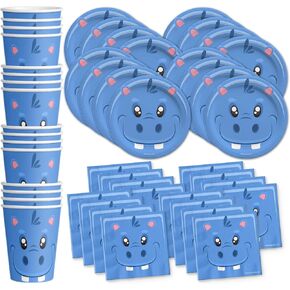 Hippo Birthday Party Supplies - Zoo Animal Party Supplies - Wild Animal Party Supplies | Tableware Set Includes Plates, Napkins and Cups | Kit for 16