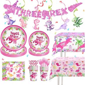 Three Rex birthday Decorations For Girl Tableware Include Dinosaur Birthday Party Supplies, Plate, Cup, Napkin, Tablecloth, Cutlery, Dinosaur 3rd Birthday Decorations Girl