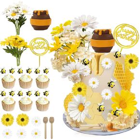 34 PCS Bee Cupcake Toppers Honey Jar Cake Topper Flower Cake Decorations for Baby Shower Bee Theme Birthday Party Decoration Supplies