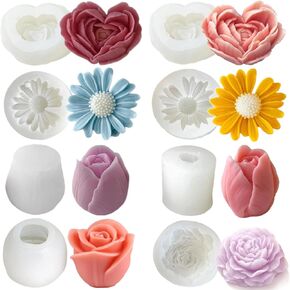 8Pcs Flower Candle Resin Silicone Flower Mold for Candle Making 3D Heart Candle Soap Peony Mold Rose Tulip Daisy Valentine Mother Day Silicone Candle Mold Resin Craft Moldes De Silicona para Velas