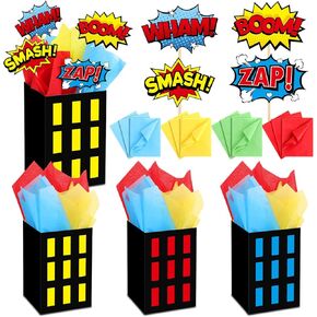 6 Sets Hero Theme Party Decoration Hero Boxes Centerpiece (7.9 x 5.1 x 5.1 Inch) Sticks with Tissue Paper Standing Cards Birthday Baby Shower Party Supplies (Red,Yellow,Blue)