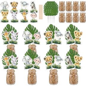 Amyhill 44 Pcs Safari Centerpieces for Table Jungle Animal Baby Shower Party Decoration Wild One Woodland Birthday Centerpiece Stick Mason Jar Palm Leaf Animal Topper for Wild One Birthday Party Decor