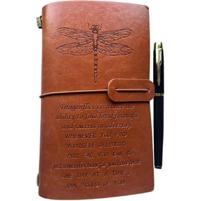 Dragonfly Leather Journal with Pen - Genuine Embossed Cover & Uplifting Quotes, A6 Notebook for Dragonfly Lovers | Includes Pen Holder, Card Slots, Gift Set for Women Men