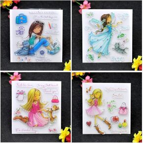 Kwan Crafts 4 Sheets Different Style Girl Cat Clear Stamps for Card Making Decoration and DIY Scrapbooking