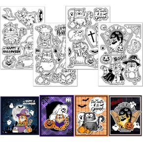 GLOBLELAND 4 Sheets Halloween Comic Cat Clear Stamp for Scrapbooking Cartoon Cat Silicone Stamps Happy Halloween Transparent Stamp Set for Card Making DIY Embossing Journaling