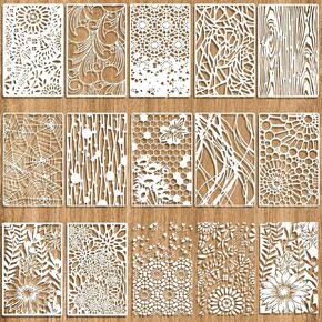 12 Pcs Abstract Geometric Texture Stencils for Painting, Mixed Stencils for Crafts Reusable Wood Grain Flower Spider Web Spray Paint Layering Stencil Templates on Wall Furniture Canvas (11×7'')