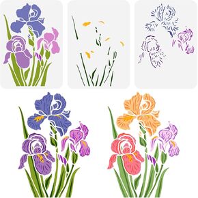 FINGERINSPIRE 3 pcs Layered Iris Stencil 8.3x11.7inch Reusable Iris Flower Painting Template DIY Iris Pattern Decoration Stencil Plants Floral Stencil for Painting on Wood, Wall and Furniture