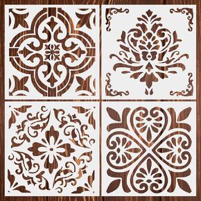 12 Inch Tile Stencils – 4 PCS Reusable Flower Pattern Templates for Wall Floor DIY Painting, Scrapbooks, Home Décor Projects