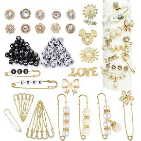 50-231pcs Charms for Socks Safety Pin Brooch Pins, Sock Charms Pins Gold Bling Sock Jewelry Charms, Pearl Rhinestone Brooch Pins Costom Style Charms Pins Sets for Hat Clothes Shoe Socks ﻿ (100)
